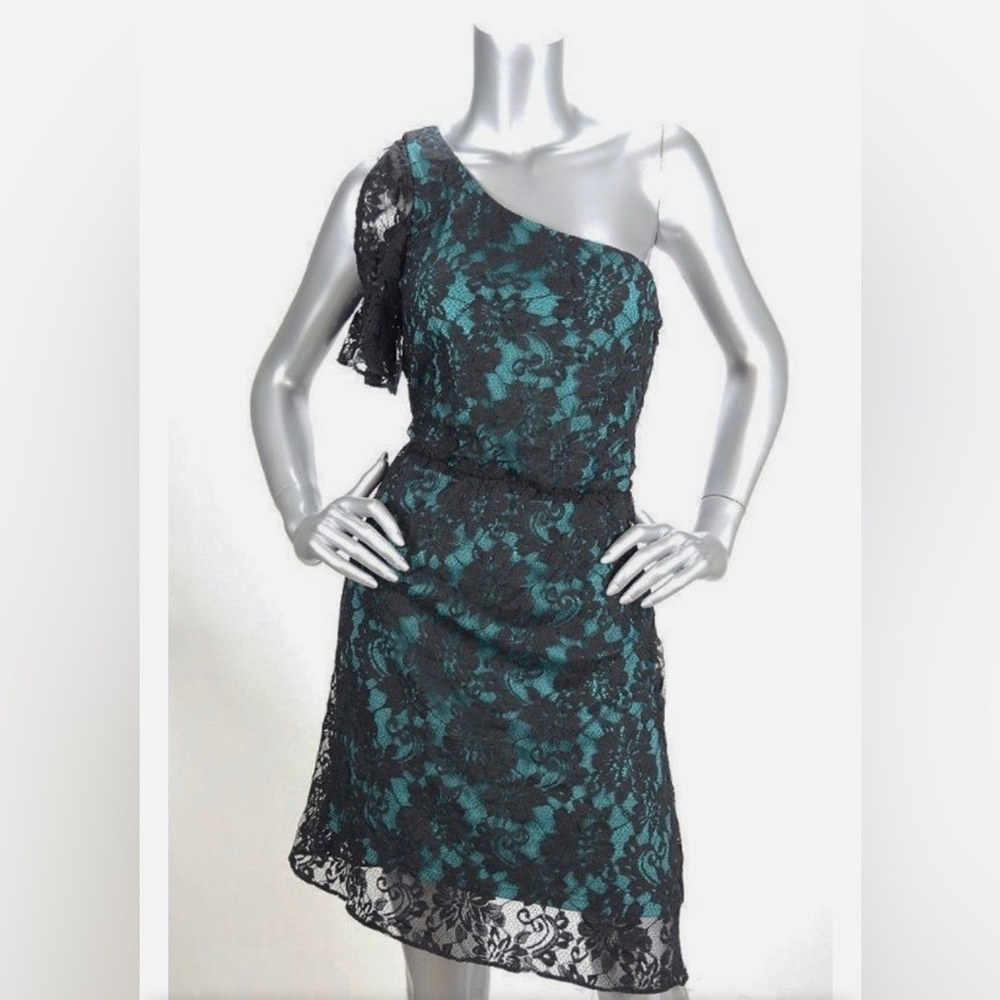 Miss Sixty One-Shoulder Black Lace Midi Dress with Green Lining – Size 10